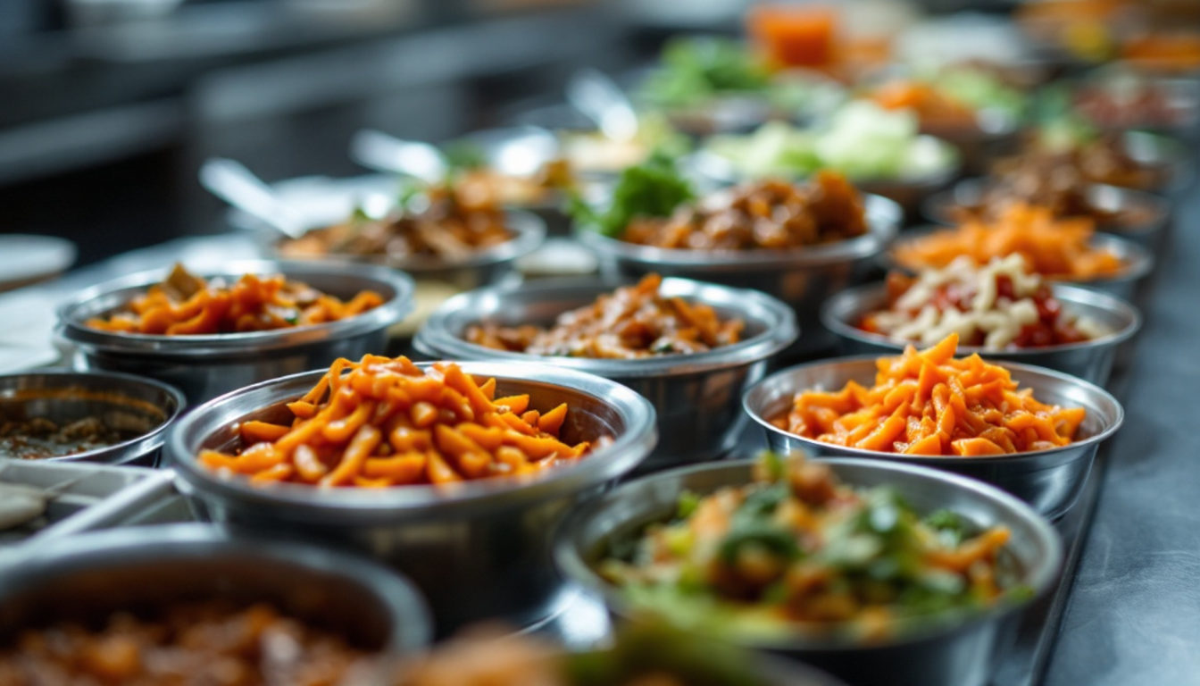 韓国料理の仕込み台に並ぶ副菜