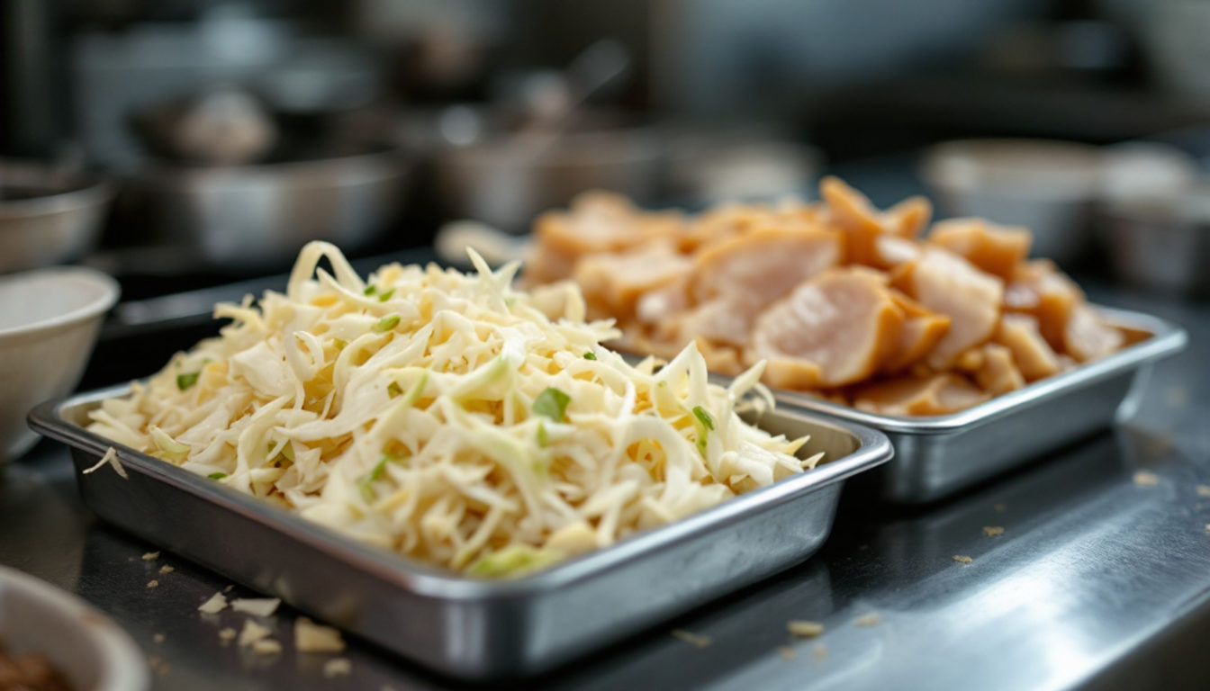 お好み焼きの仕込み台に並ぶ生地とキャベツ
