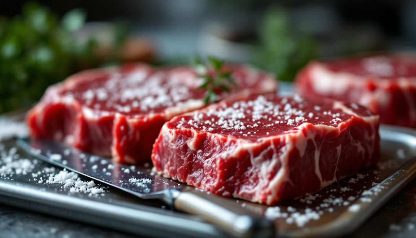 仕込み台に並ぶ厚切りの生ステーキ肉