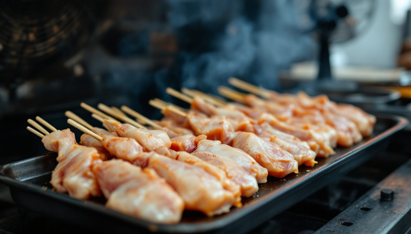 焼き鳥の仕込み台に並ぶ串と炭火