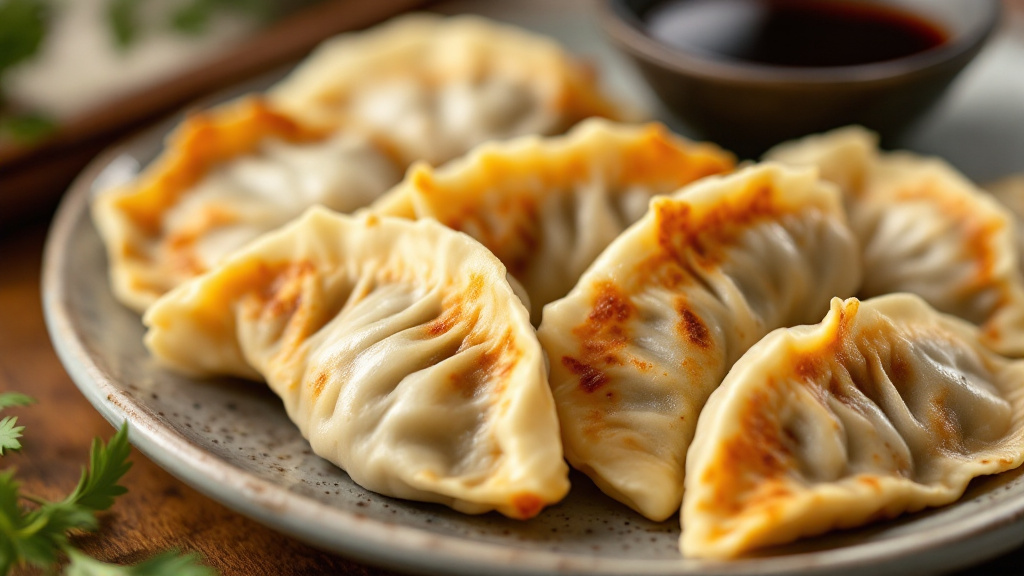 皿に並んだ焼き餃子と、つけだれの器