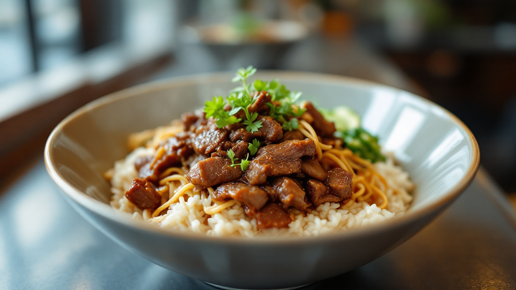 器に盛られた牛丼と、カウンター