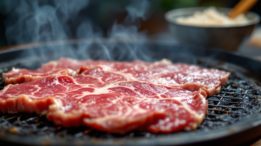 炭火の上で焼かれている厚切りの牛タンと、麦飯