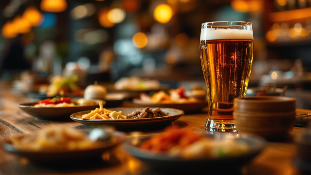 居酒屋のカウンターに並ぶ小皿とビール