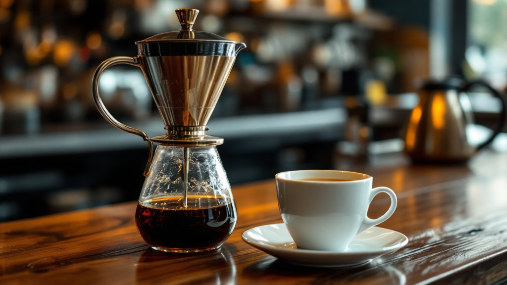 レトロなカウンターに置かれたコーヒーの抽出器具とカップ