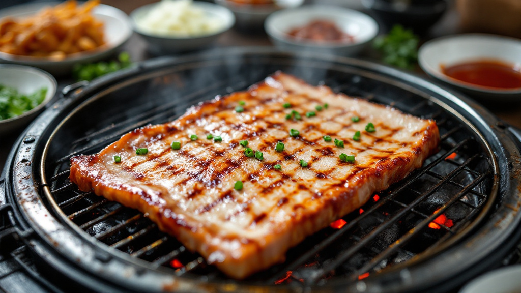 テーブルの焼き台で焼かれるサムギョプサルと、並んだ副菜