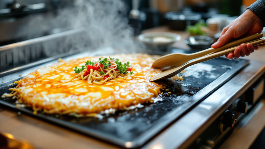 テーブルの鉄板で焼かれているお好み焼きとヘラ