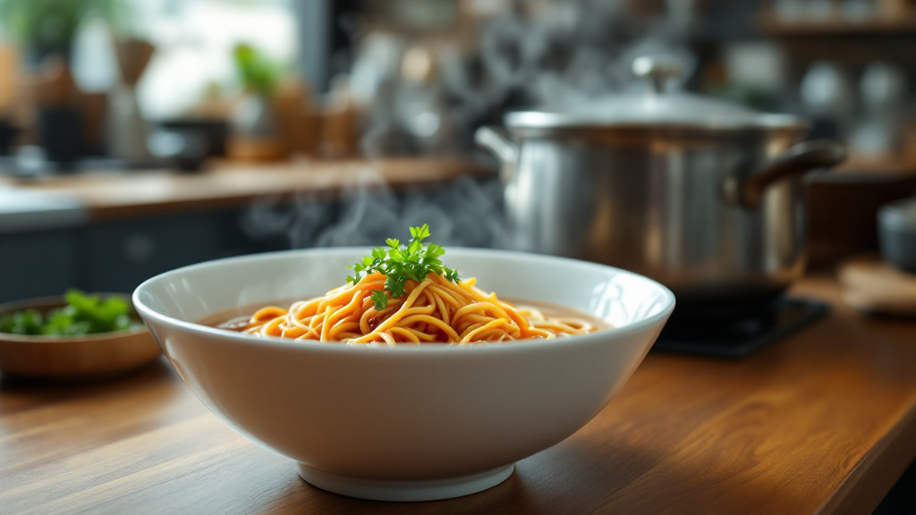 カウンターに置かれたラーメンの丼と、奥で炊いている寸胴