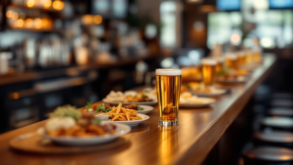 立ち飲みのカウンターに置かれたビールと小皿