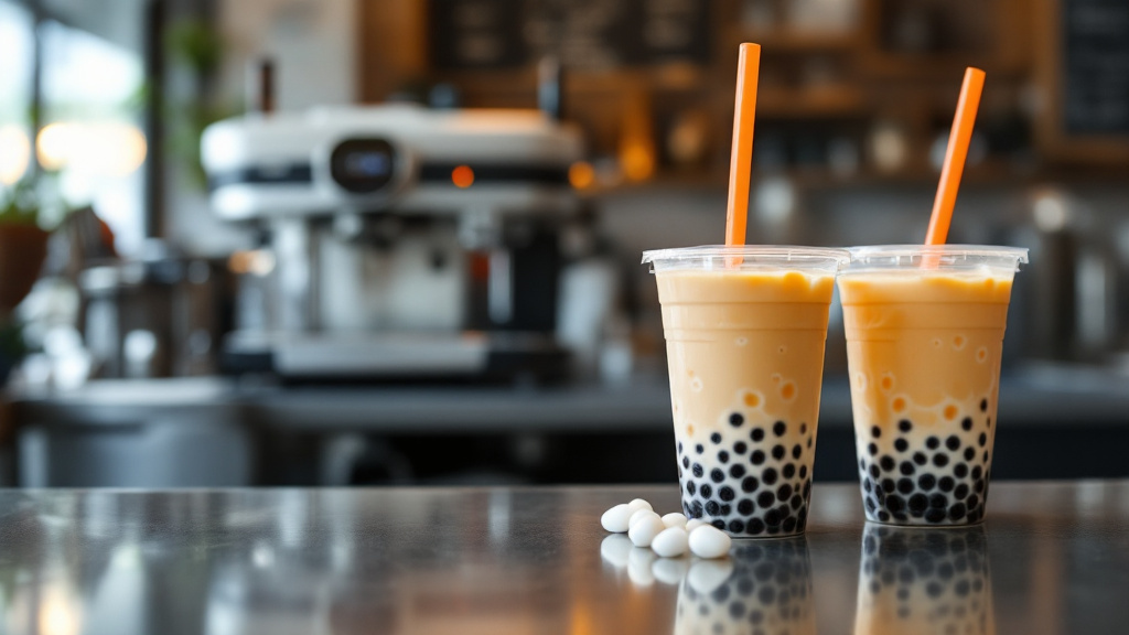 ドリンクスタンドのカウンターに置かれたタピオカドリンク