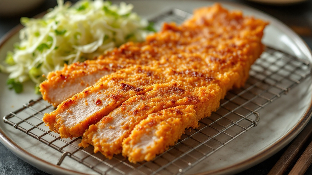 フライヤーから上げたばかりの、衣のついた豚肉とキャベツ