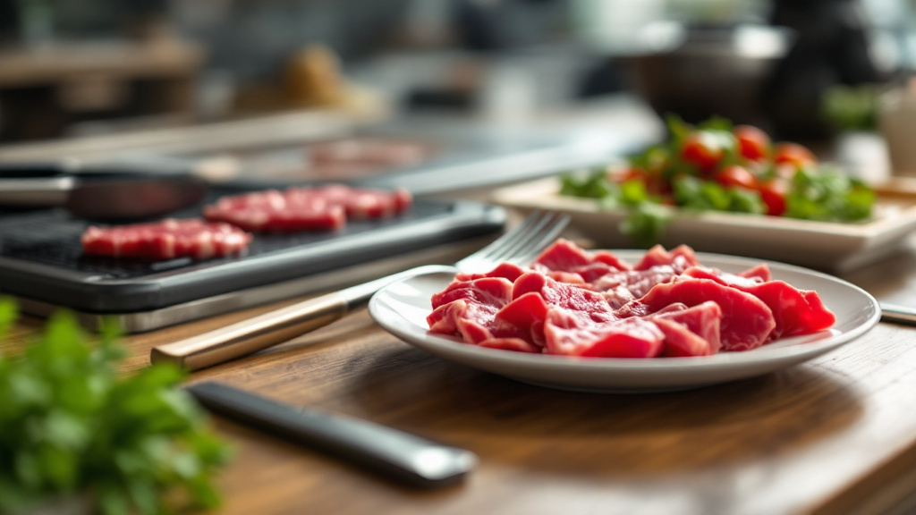 無煙ロースターを備えたテーブルと、皿に盛られた生肉