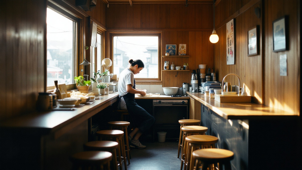 カウンター8席ほどの小さなそば店の店内。店主が一人で厨房に立ち、麺の仕込みをしている