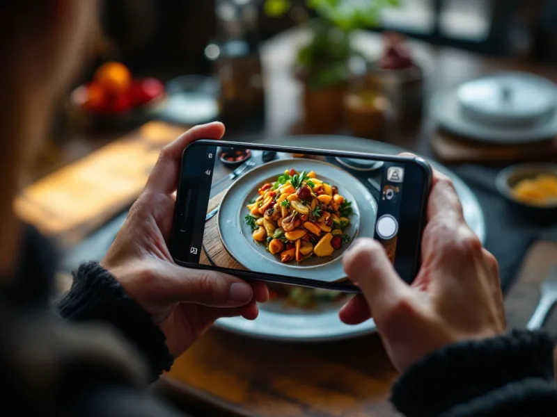 スマートフォンで、木のテーブルに置かれた料理を真上から撮影している手元。画面に料理が収まっている