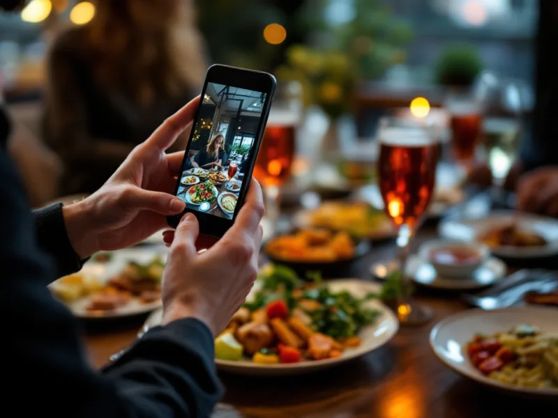 夜の店内で、テーブルに並んだ複数の料理をスマートフォンで撮影している客の手元