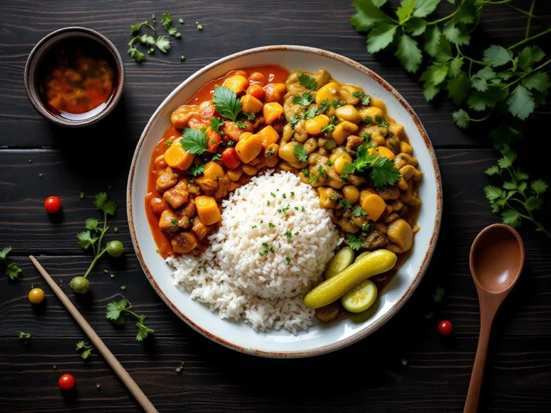真上から撮ったスパイスカレーのワンプレート。2種のカレーとライス、彩りの副菜を一皿に盛った状態