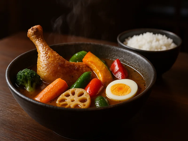 スープカレーの一皿。スパイススープに大ぶりの具材を合わせた札幌系スープカレー