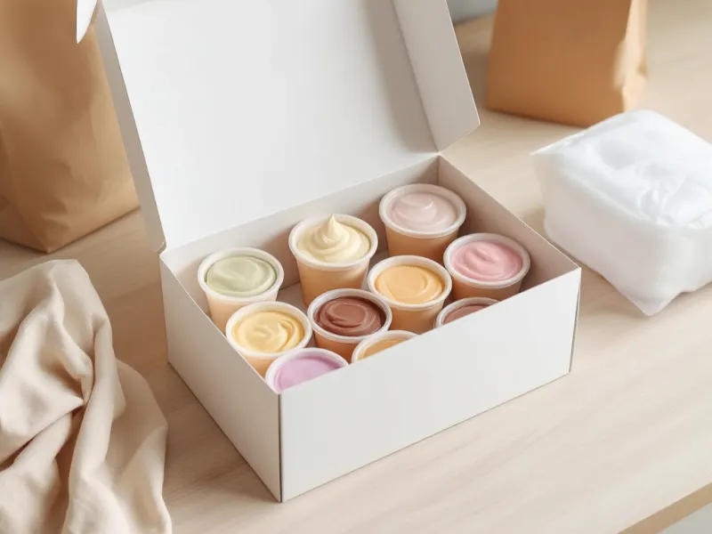 白い箱に蓋つきのカップアイスを並べた詰め合わせ。保冷材と紙袋を添えた持ち帰り用の形