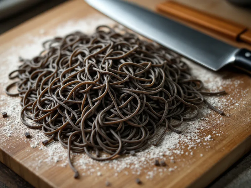 打ち粉をふった板の上に置かれた、切りたての手打ちそば。灰褐色の細い角切りの麺と、そば包丁