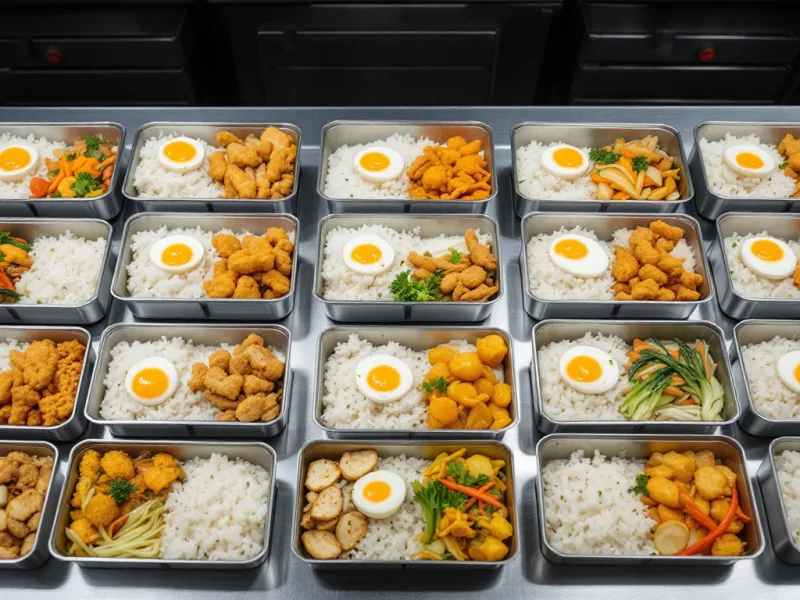 ステンレスの調理台に整然と並べられた弁当。それぞれにご飯・唐揚げ・卵・煮物が詰められている