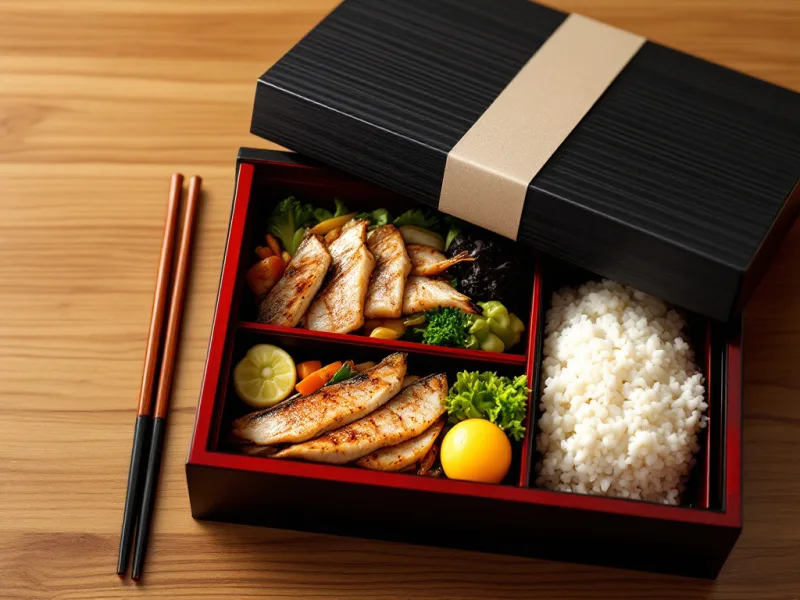 黒い折箱に詰められた仕出し弁当。掛け紙のかかった蓋が横に置かれ、焼き魚・煮物・ご飯が仕切られて並んでいる