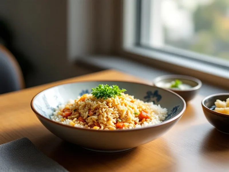 窓辺の自然光で斜め45度から撮った一皿。丼と小鉢を並べた構図