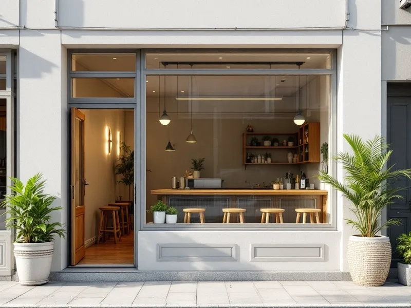 明るい飲食店の店先。ガラス越しにカウンターとスツールが見える外観